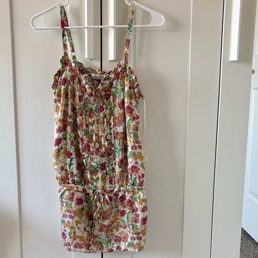 Women’s 100% Silk Floral Mini Sundress Pink, Green & Yellow Size S